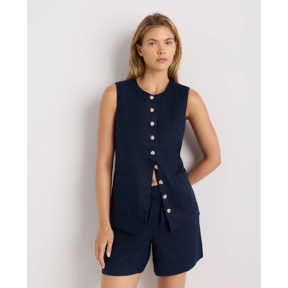 Quince 100% European Linen Longline Vest Deep Navy Size L NWT